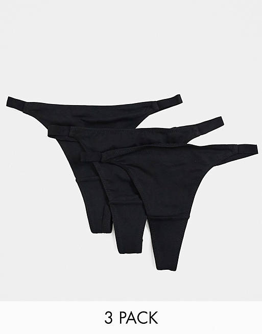 ASOS DESIGN 3 pack basic cotton tanga thongs in black