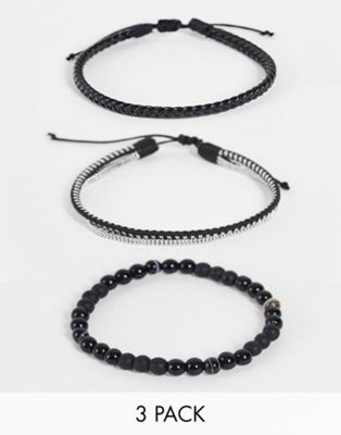 ASOS DESIGN 3 pack bead and cord bracelet set in black