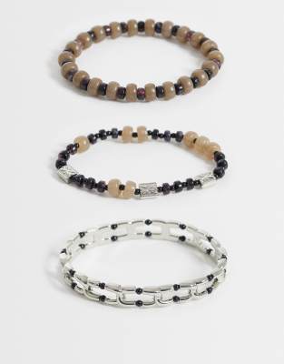 Asos Design 3 Pack Beaded And Stretch Link Bracelets In Brown