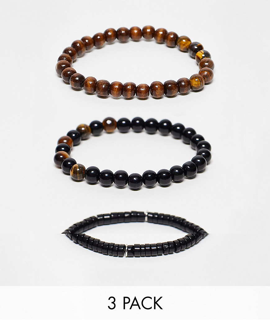 ASOS DESIGN 3 pack beaded bracelet set in black and semi precious tigers eye beads