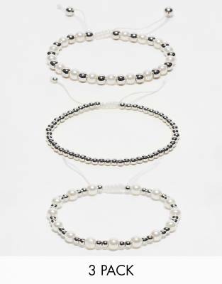 ASOS DESIGN ASOS DESIGN 3 pack beaded bracelet set in faux pearl and silver tone-Multi