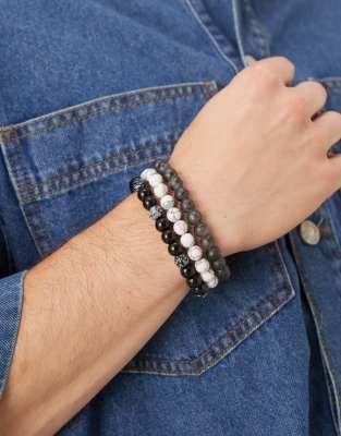 ASOS DESIGN 3 pack beaded bracelet set in monochrome tones