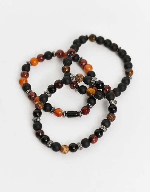 ASOS DESIGN 3 pack beaded bracelet set with semi precious stones in brown and black , 2 of 4
