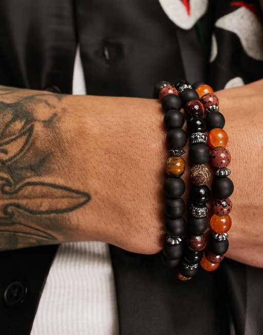 ASOS DESIGN 3 pack beaded bracelet set with semi precious stones in brown and black , 3 of 4