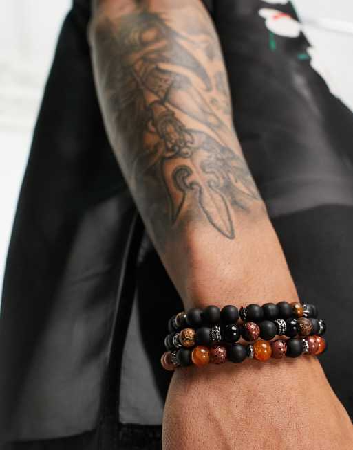 ASOS DESIGN 3 pack beaded bracelet set with semi precious stones in brown and black , 4 of 4