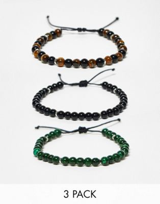 ASOS DESIGN 3 pack beaded bracelets in brown green and black