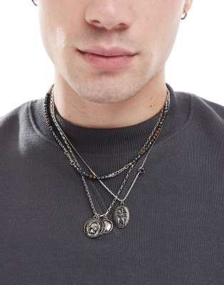 Asos Design 3 Pack Beaded Necklace With Coin Pendants In Silver