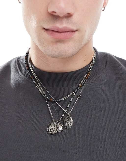 ASOS DESIGN 3 pack beaded necklace with coin pendants in silver tone