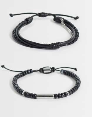 Asos Design 3-pack Black Beaded And Puller Rope Chain Bracelet