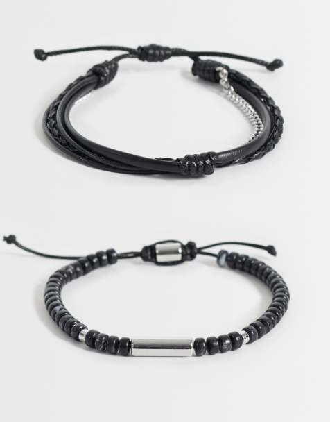 ASOS DESIGN 3-pack black beaded and puller rope chain bracelet in silver - view 1