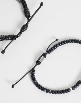 Asos Design 3-pack Black Beaded And Puller Rope Chain Bracelet In Black