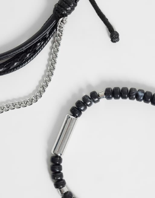 ASOS DESIGN 3 pack black beaded and puller rope chain bracelet in silver, 3 of 3