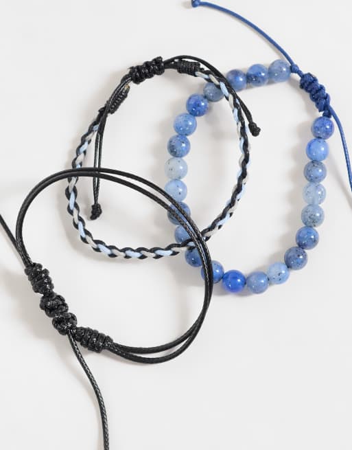ASOS DESIGN 3 pack blue beaded and faux leather braided bracelet in black, 2 of 3