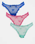 [ASOS DESIGN] ASOS DESIGN 3 pack bow mesh scrunch lingerie thongs in pink, green & blue-Multi XS PINK, MINT, COBALT