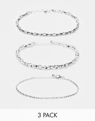 Asos Design 3 Pack Bracelet Set In Silver Tone In Metallic