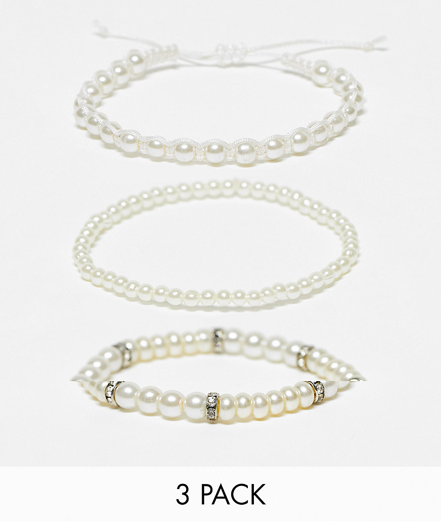 ASOS DESIGN 3 pack bracelets in white faux pearl beads