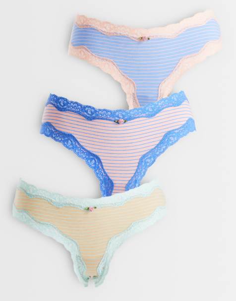 ASOS DESIGN 3 pack brazilian brief with lace trim in blue, pink & brown stripe - view 1