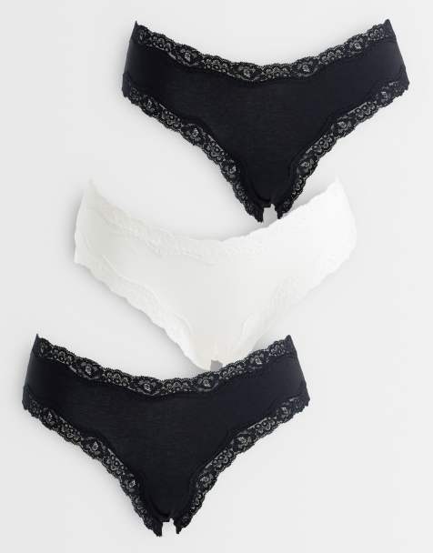 ASOS DESIGN 3 pack brazilian brief with lace waistband in black & white - view 1