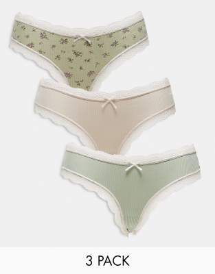 ASOS DESIGN 3 pack brazilian briefs in oatmeal, khaki & ditsy print ...