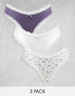 3-pack Brazilian briefs in white, mauve & ditsy print with lace trim-Multi