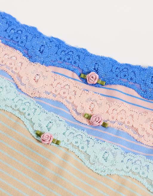 ASOS DESIGN 3 pack brazilian briefs with lace trim in blue, pink & brown stripe, 2 of 3