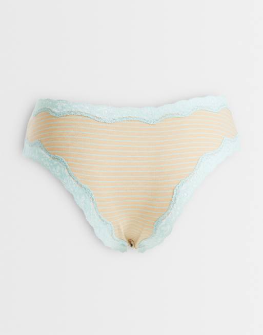 ASOS DESIGN 3 pack brazilian briefs with lace trim in blue, pink & brown stripe, 3 of 3
