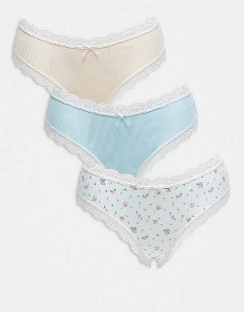 ASOS DESIGN 3 pack brazilian briefs with lace trim in floral print and rib knit blue & cream - view 1