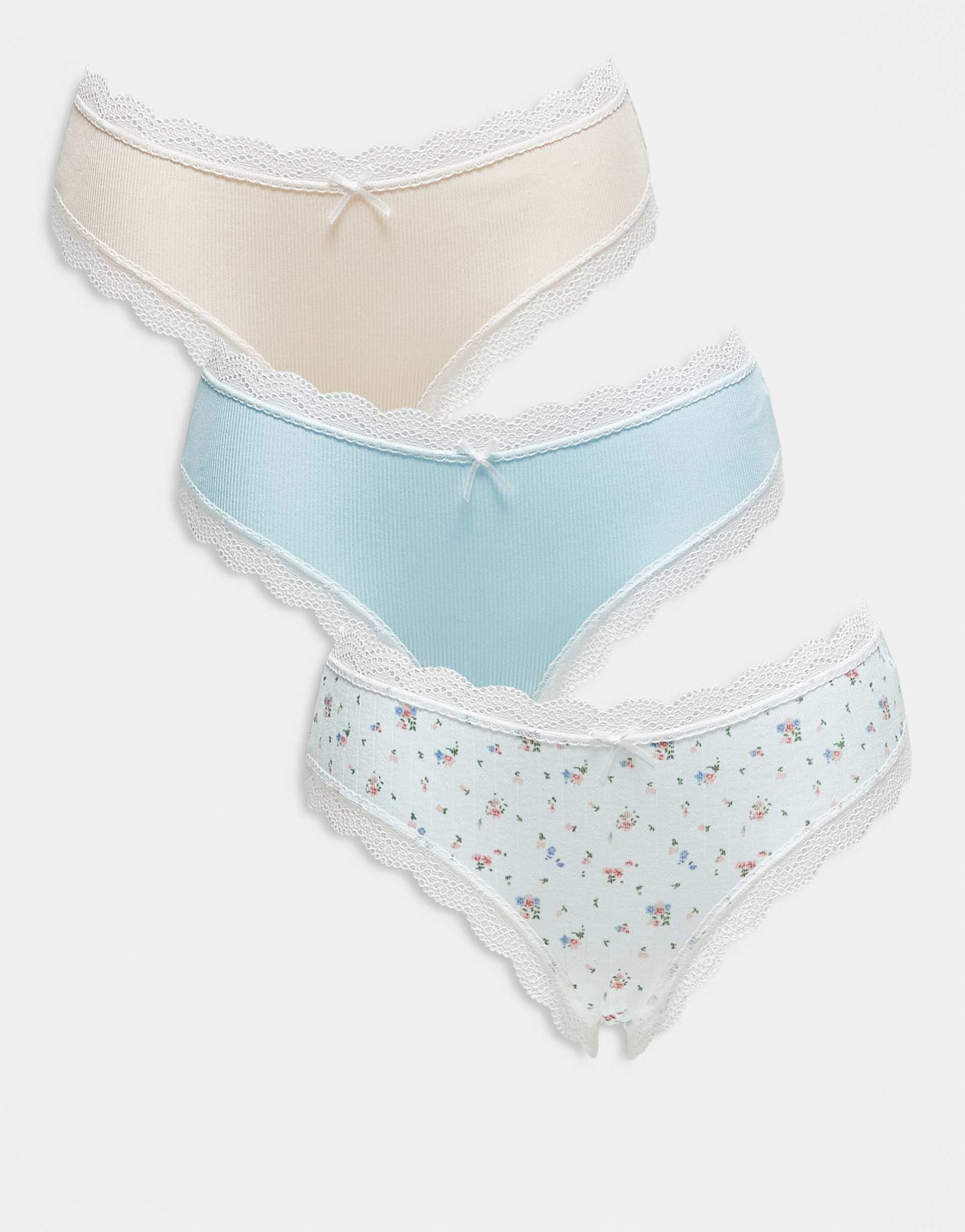asos design 3 pack brazilian briefs with lace trim in floral print and rib knit blue & cream