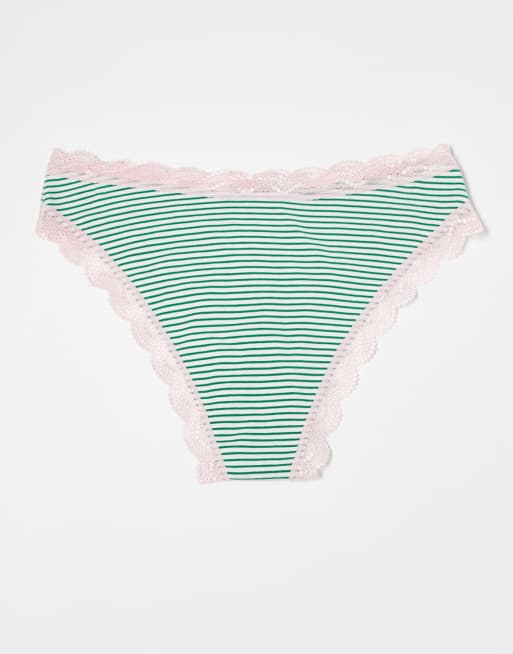 ASOS DESIGN 3 pack brazilian in stripe, pointelle & ditsy print in green & pink, 2 of 3