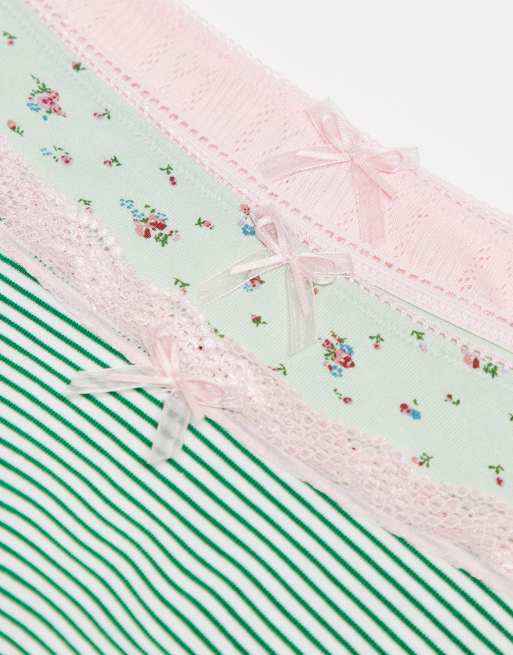 ASOS DESIGN 3 pack brazilian in stripe, pointelle & ditsy print in green & pink, 3 of 3