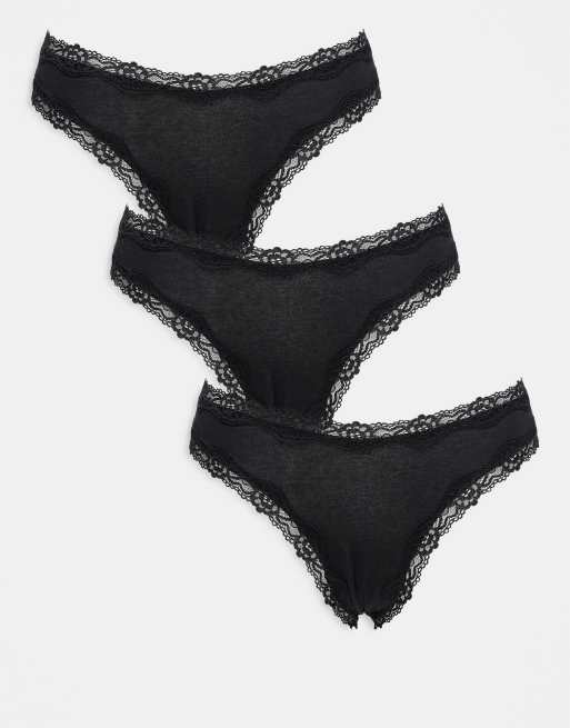 ASOS DESIGN 3 pack brazilian knickers with lace trim