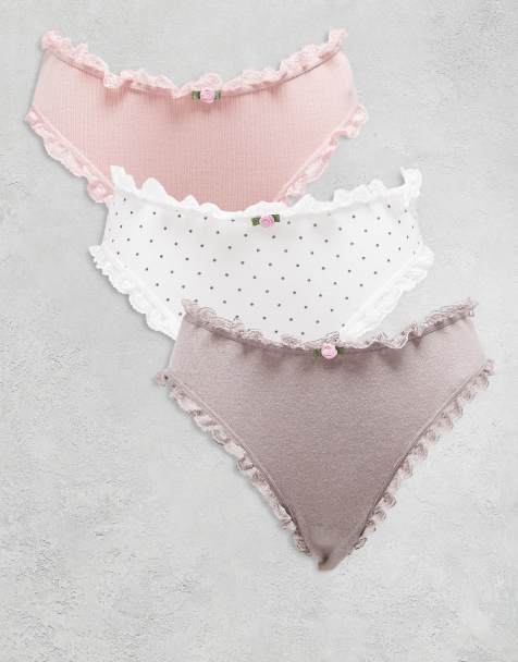 ASOS DESIGN 3 pack brazilian with lace trim in pink rib, navy polka and cream heart pointelle - view 1