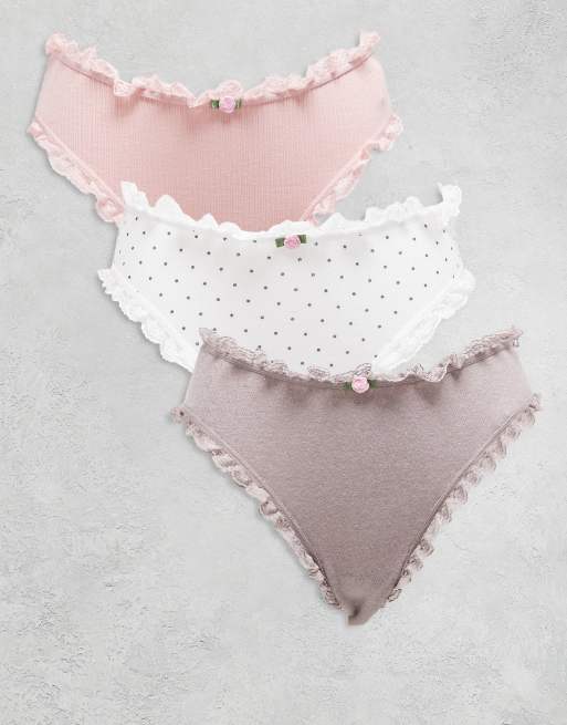 ASOS DESIGN 3 pack brazilian with lace trim in pink rib, navy polka and cream heart pointelle