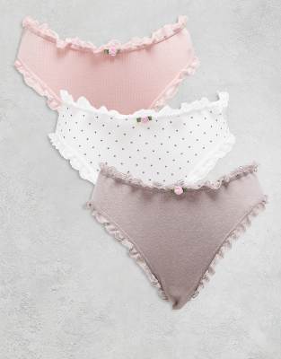 ASOS DESIGN 3-pack Brazilian with lace trim in pink rib, polka dot and oatmeal heart pointelle-Multi
