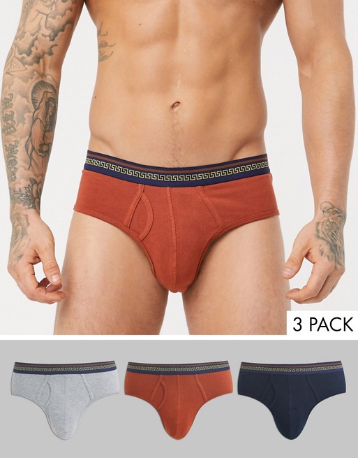 ASOS DESIGN 3 pack briefs in burgundy navy and grey marl organic cotton with patterned waistband