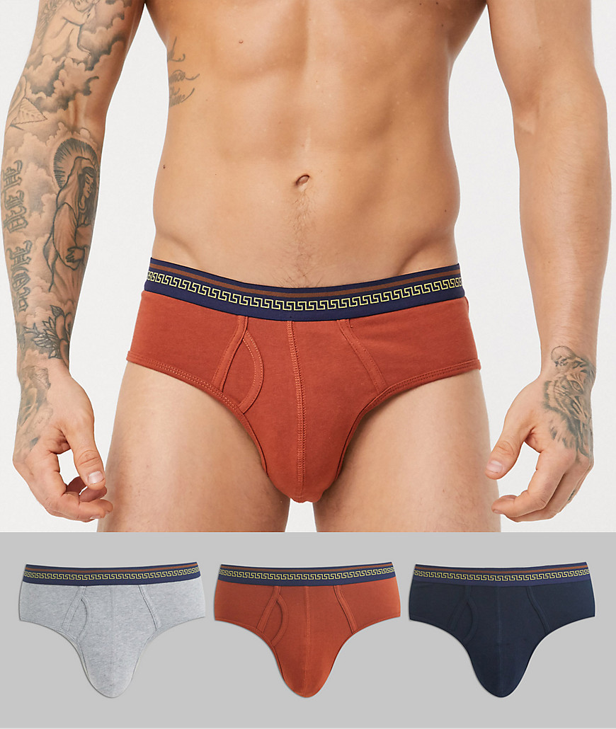ASOS DESIGN 3 pack briefs in burgundy navy and grey marl organic cotton with patterned waistband-Multi