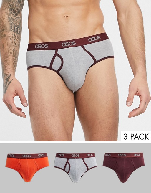 ASOS DESIGN 3 pack briefs in burgundy pink and grey organic cotton with contrast branded waistband