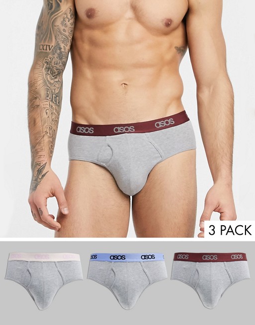 ASOS DESIGN 3 pack briefs in charcoal organic cotton with pink blue and burgundy branded waistband