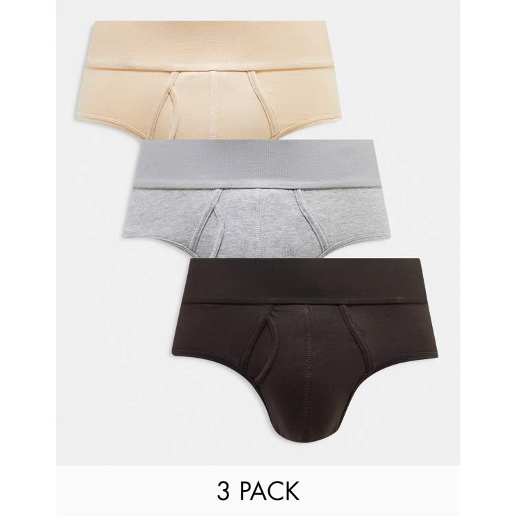 ASOS DESIGN 3 pack briefs in grey, cream and black