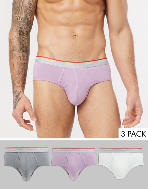 ASOS DESIGN 3 pack briefs in lilac and charcoal organic cotton with branded waistband save
