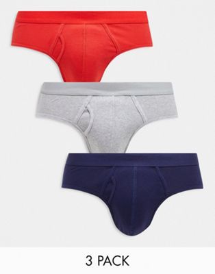 ASOS DESIGN 3 pack briefs in red, navy and grey