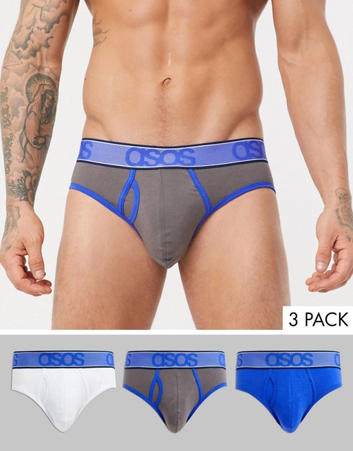 ASOS DESIGN 3 pack briefs in white and blue with tonal textured branded waistband saving