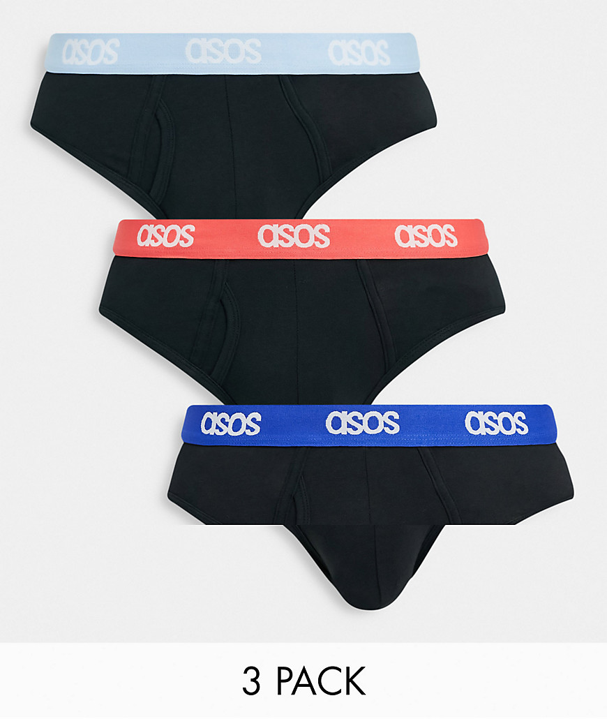 ASOS DESIGN 3-pack briefs with colored waistband-Black