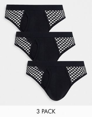 ASOS DESIGN 3 pack briefs with mesh in black