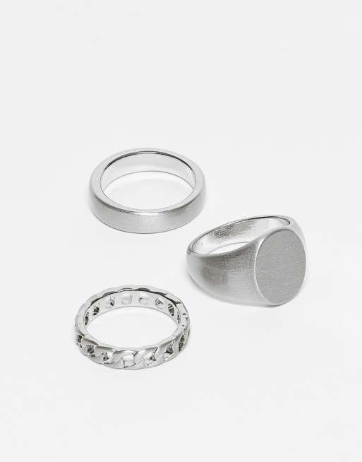 ASOS DESIGN 3 pack brushed and chain signet rings in silver tone