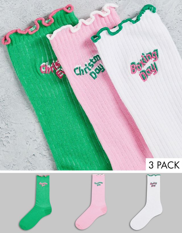 ASOS DESIGN 3 pack calf length frill top Christmas day socks in multi