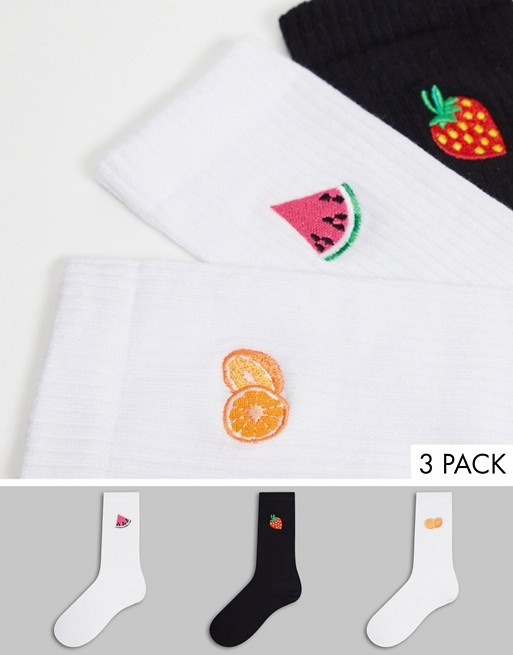 ASOS DESIGN 3 pack calf length rib sock with fruit embroidery