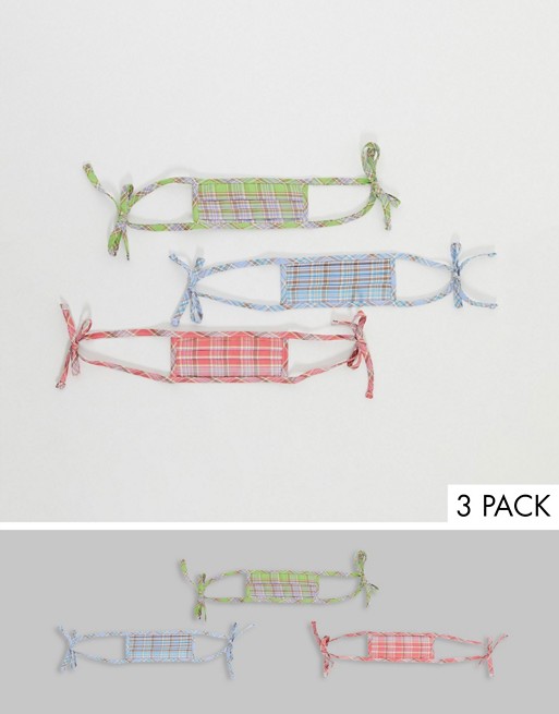 ASOS DESIGN 3 pack check face coverings with ties