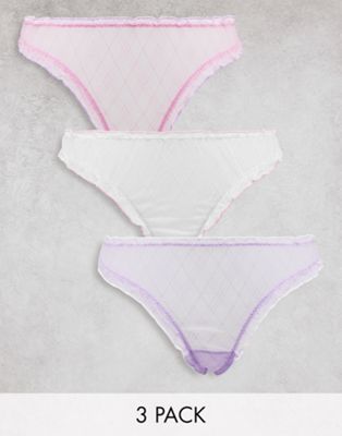 ASOS DESIGN 3 pack check mesh scrunch thong in white, lilac & pink