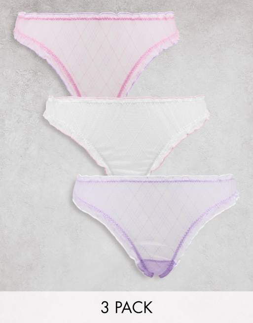 ASOS DESIGN 3 pack check mesh scrunch thong in white, lilac & pink